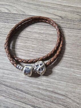Pandora Two Tone Caduceus Charm Brown Leather Double Bracelet